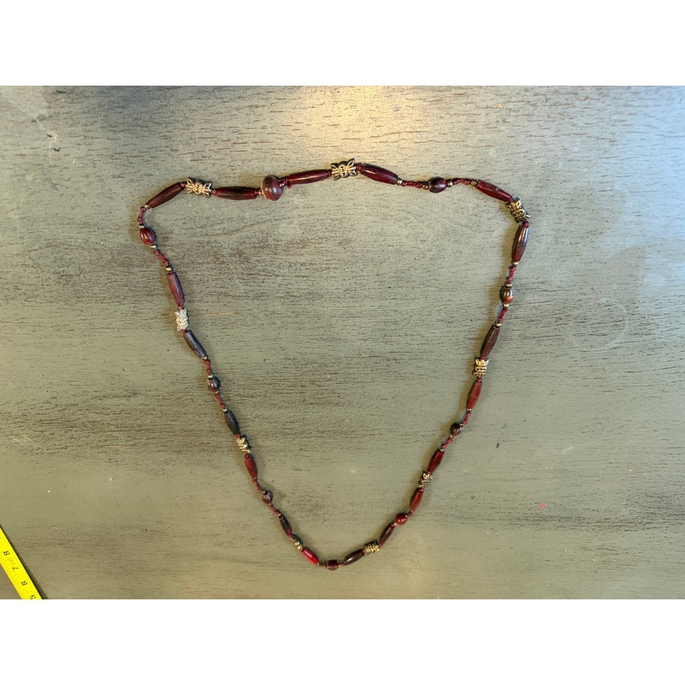 Vintage Boho Beaded Necklace Burgundy Wood Butterfly Silver Tone Knotted 22.5in